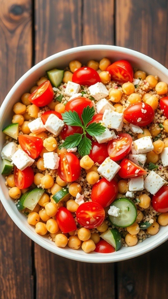 Chickpea and Quinoa Greek Salad A colorful Greek salad with chickpeas, quinoa, cucumbers, tomatoes, and feta cheese on a wooden table.